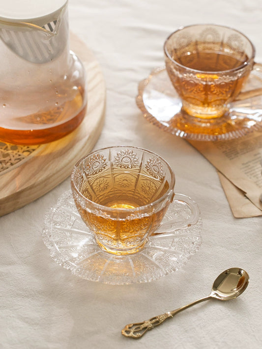 Retro Embossed Carved Tea Set Palace Style Glass and Glass Saucer