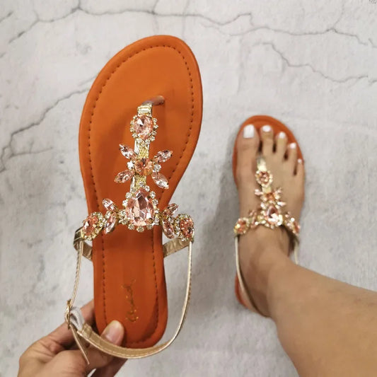 2024 Trendy Summer Women's Shoes Large Size Beautiful Crystal Shiny Flat with Female Sandals  Bohemia Back Strap Footwear