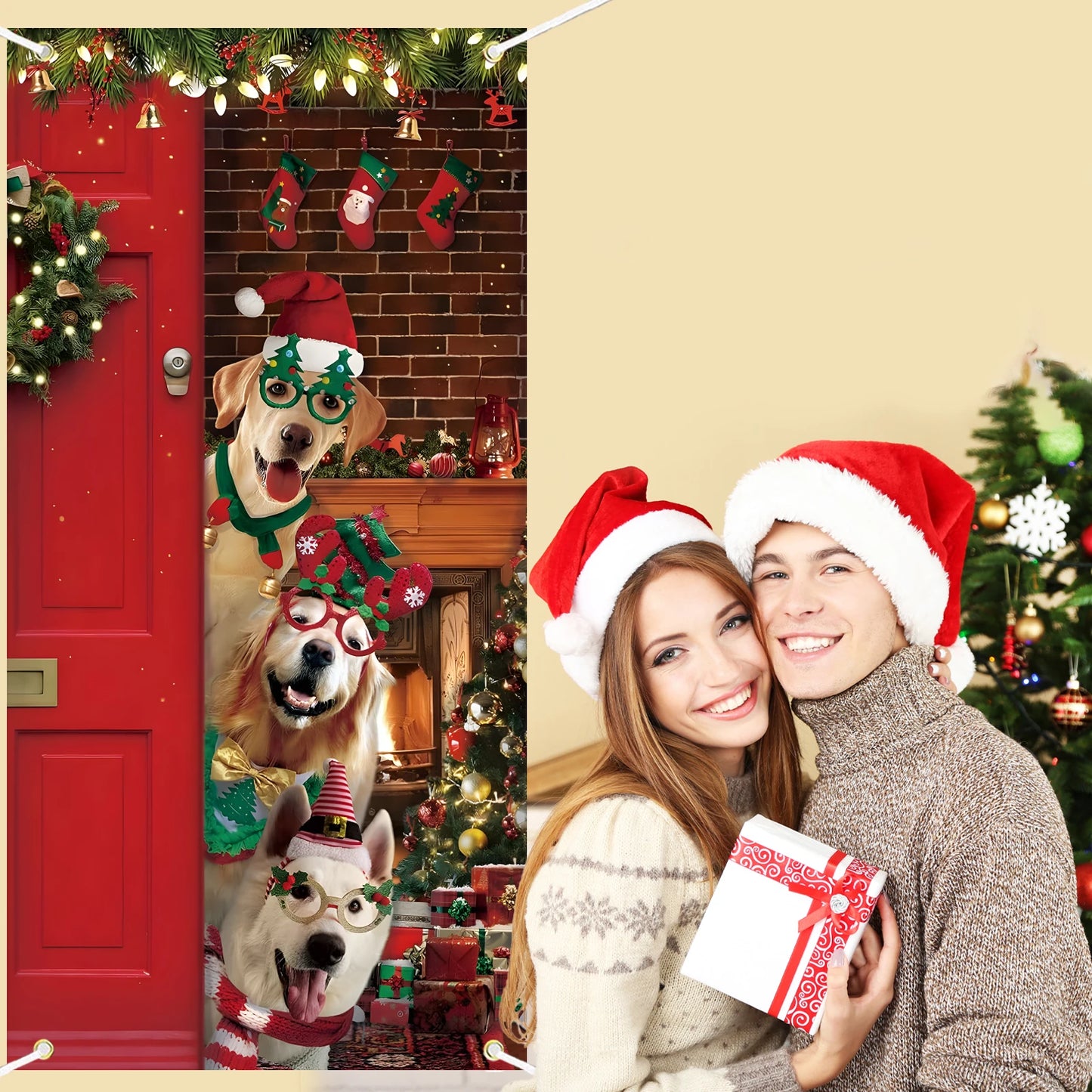 Christmas Door Cover Decoration Funny Merry Christmas Door Cover Backdrop Xmas Party Door Cover Cute Santa Dog Background Holida