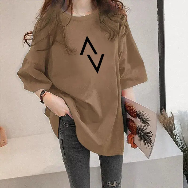 Summer Short Sleeve Crew Neck Women's Pullover Geometric Solid Color T-shirt Midi Casual Loose Comfortable All-match Tops