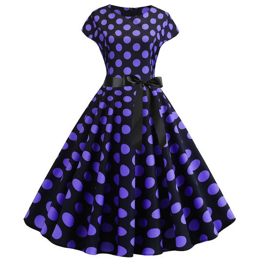 Women Vintage 1950s 60s Polka Dot Print High Waist A-line Swing Party Dress Retro Short Sleeve With Belt Evening Prom Dress