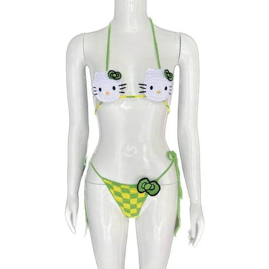 Cute Crochet Bikini Set 2 Pieces Lady's Bathing Suits Sexy Micro Bikinis Ties Swimsuit Thong Swimwear Kwaii Womens Swimming Suit