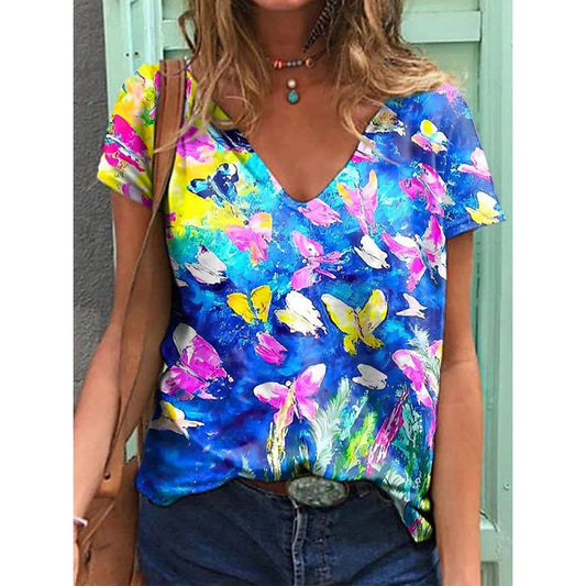 Women's T-shirts Fashion Tops V-neck Colorful Butterfly T Shirt Female Short Flowers Print Casual Tees Summer Oversized Clothes