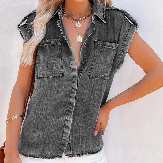 Summer Sleeveless Blouse Pure Color Retro Women'S Short Sleeve Denim T-Shirts Fashionable Street Outdoor Versatile Top 2024