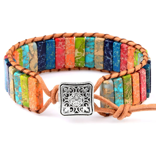 Chanfar Hot Sale Style Multicolor Natural Stone Gem Leather Tibetan Gypsy Beaded Adjustable Bracelets For Men Women