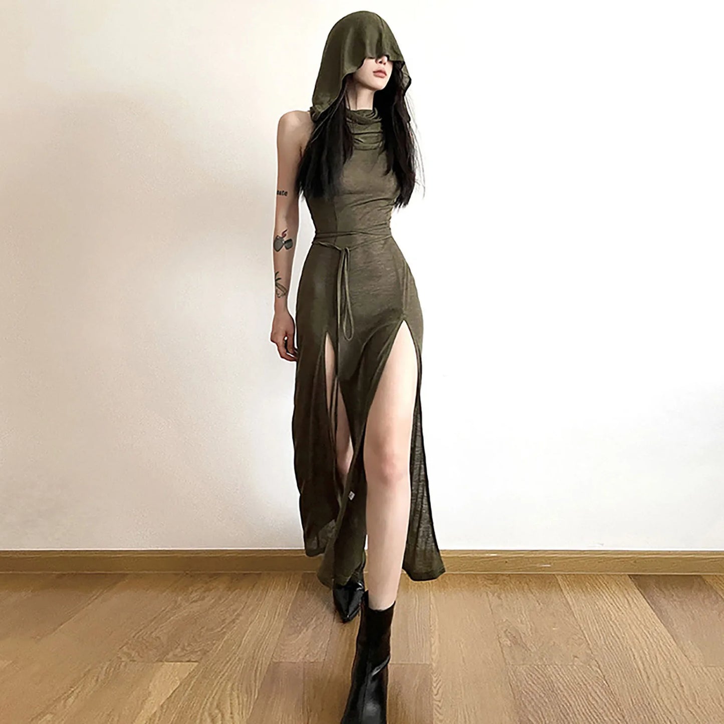 Women's Summer Fashion Dresses Personality New Hooded Loose Solid Color High Split Sexy Bandage Dress Goth Cosplay Sundresses