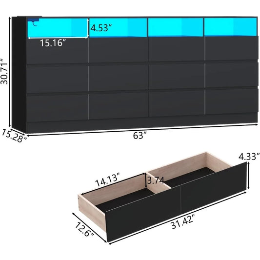 12 Drawer Black Dresser with Charging Station & Led Lights for Bedroom, Long 63" Quadruple Wide Dresser TV Stand