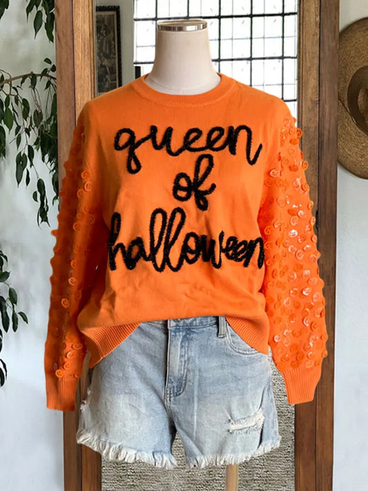 Women Letter Embroidered Sequin Sweater Halloween University Sweatshirts Funny Party Spooky Academy Fall Pullover Sweatshirt