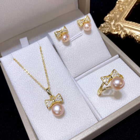 one set freshwater pearl pink 6-8mm pendant /earrings/Ring zircon bowknot pendant