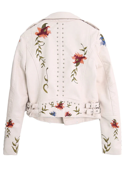 Ftlzz Women Floral Print Embroidery Faux Soft Leather Jacket Coat Turn-down Collar Casual Pu Motorcycle Black Punk Outerwear