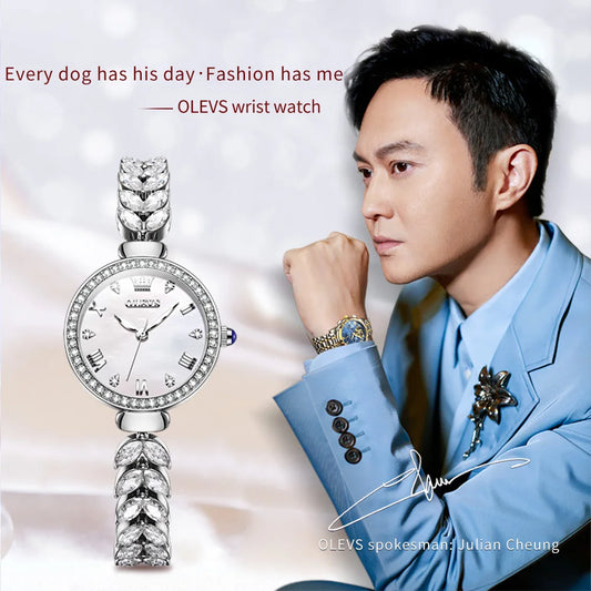 OLEVS 9971 Women's Watches Elegant Fashion Original Wristwatch Waterproof Fish Bone Strap Luminous Hand Diamond Bezel Reloj