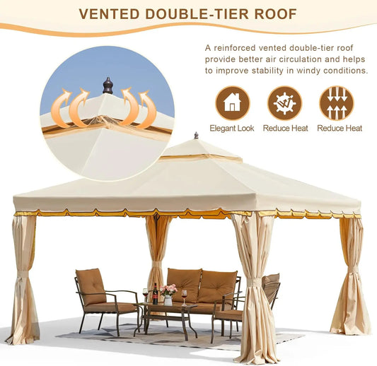 Erommy 12' X 12' Outdoor Canopy Gazebo, Double Roof Patio Gazebo Steel Frame With Netting And Shade Curtains For