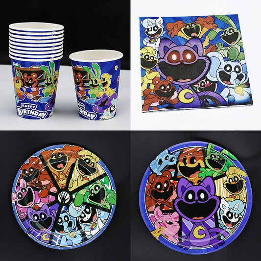 Smiling Critters Birthday Decorations Gamer Party Balloon Stickers Disposable Tableware Cup Plate For Kids Gifts Party Supplies