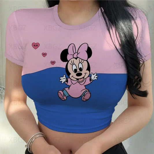 Mickey Crop Top Minnie Mouse Fashion Woman Blouses 2024 Tight Clothes Disney T-shirts Sexy Y2k Party Women's T-shirt Print Tops