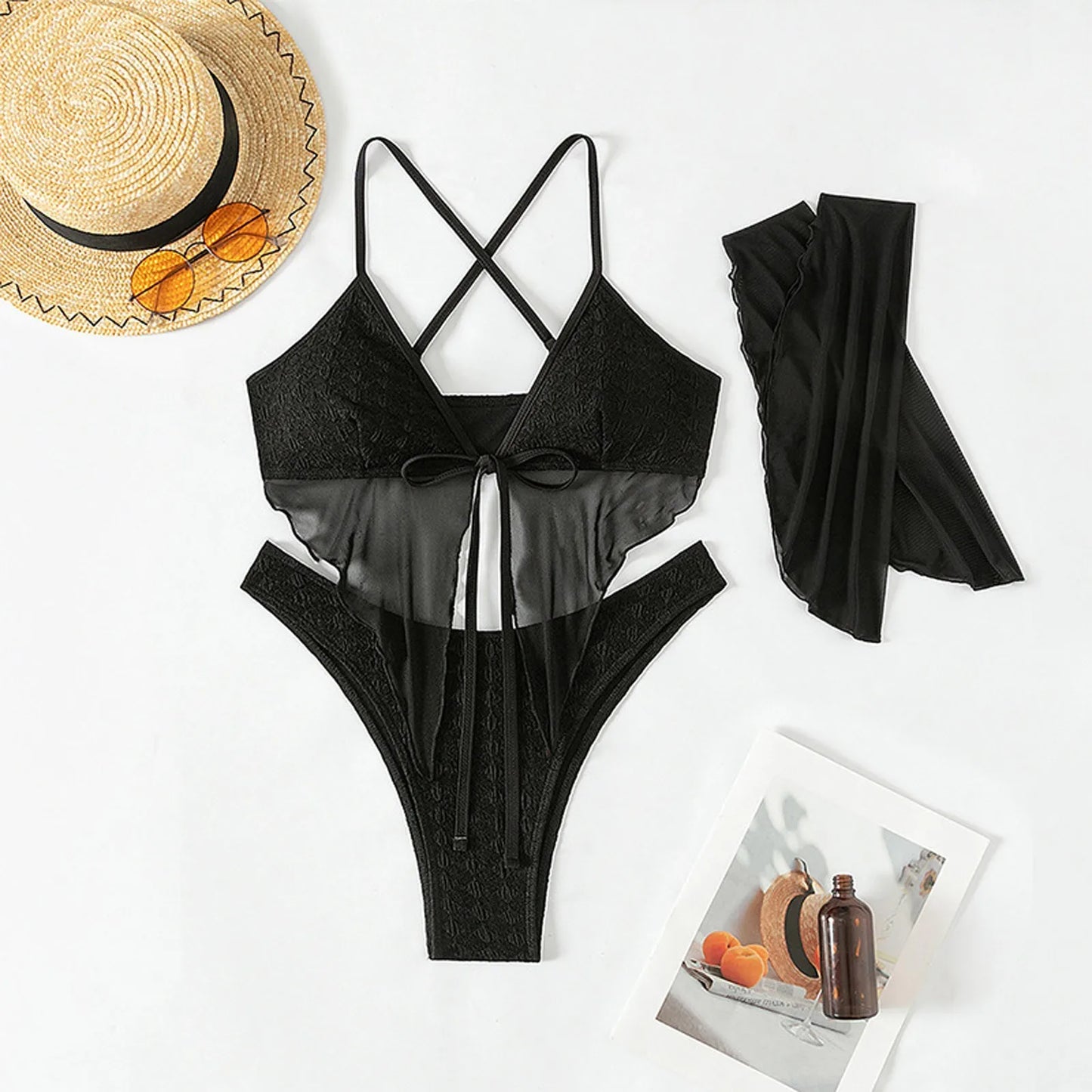 Women'S Three Piece Swimsuit Tulle See-Through Halter Adjustable Shoulder Strap Backless Bikini Paired With Sleeves Swimwears