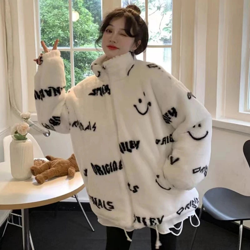 Jackets For Women 2022 Winter Cashmere Chic Printing Hooded Fashion Street Outerwear Sweet Casual College Women's jacket Coat