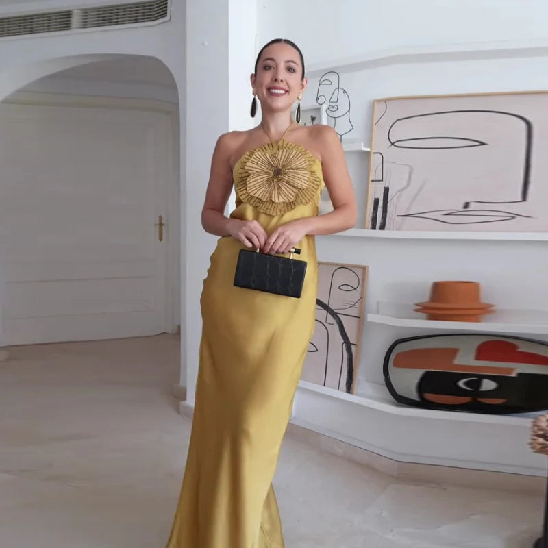 Elegant Party Women's Dress 3D Flower Halter Sleeveless Backless Mermaid Satin Female Dresses 2025 Summer Chic Evening Lady Robe