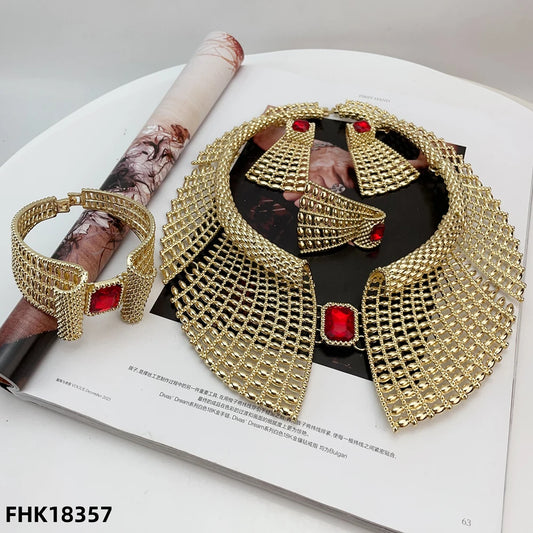 Nigeria Original 18K Gold Plated Jewelry Set Women Big Bold Necklace Earrings Bracelet Ring Wedding Party Accessor FHK18356