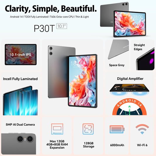 Teclast P30T Set 10.1" Tablet Android 14 T606 8-core Max 12GB RAM 128GB ROM 6000mAh Keyboard/Case/Mouse/Stylus/Headphone/Stand