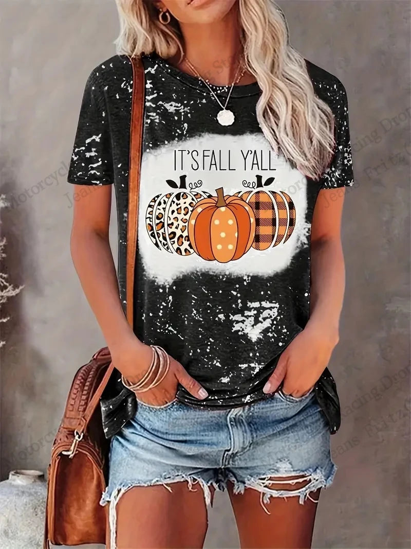 EtherealBe Halloween 3D print t-shirt women featuring colorful pumpkin design for seasonal style