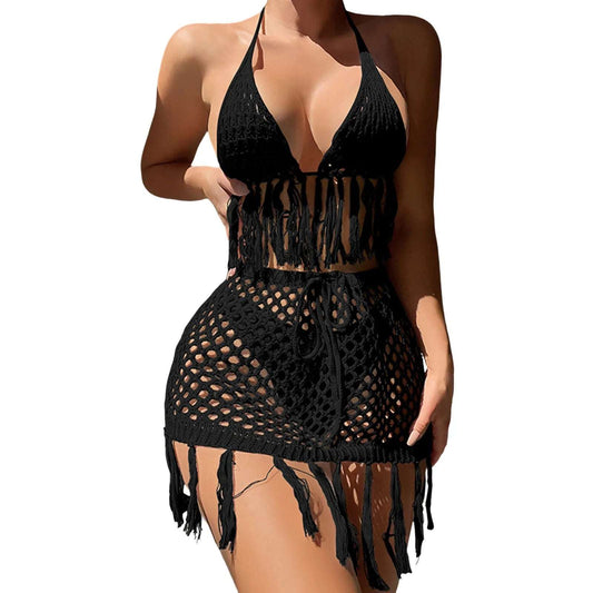 Women'S Sexy Halter Deep V Bikinis Set New Hollow Knit Tassels Swimsuit Drawstring Lace Up Bikini Cover Up 3 Pieces Swimsuit