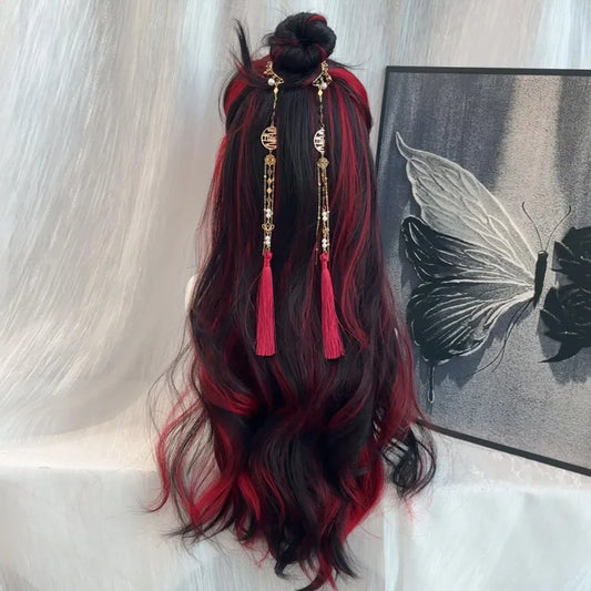 Black Ombre Red Layered Wig Synthetic Long Wavy Women Fluffy Lolita Style Cosplay Wig Middle Part for Daily Party