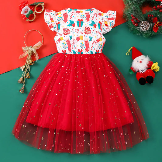 New Christmas Kids Girls Dress Summer Short Sleeve Bow Gauze Children Dress Casual Soft Ventilate Sweet Girls Clothing 2-7Y