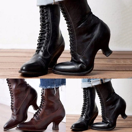 Gothic Women's Boots Toe Heel Ankle Lace Up Pointed toe Boots High Vintage Stretch Cross Tied Shoes zapatos para mujeres