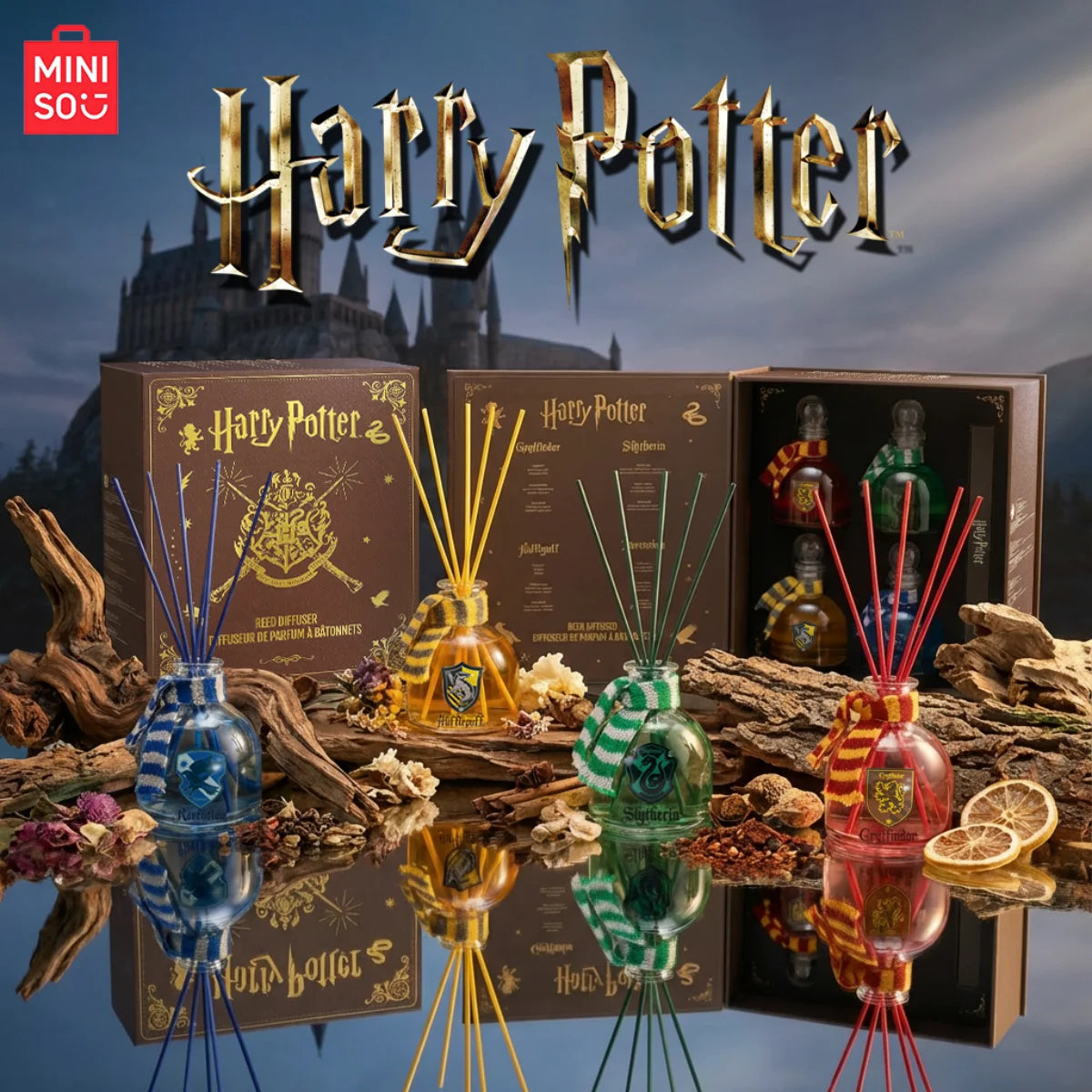 MINISO Harry Potter Series 4pcs Magic Academy Flameless Aroma Kit Cartridge Reed Diffuser Oil Air Freshener Fragrance set