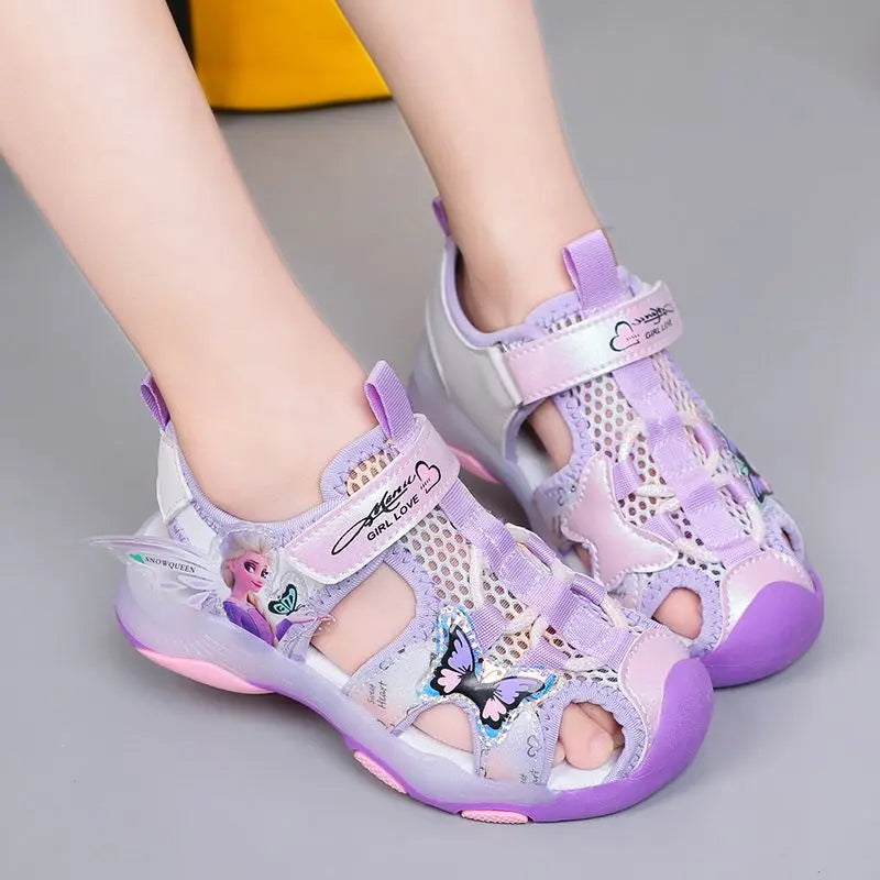 Disney Girls' Casual Shoes Baotou Sandals Led Light Summer Style Anti-skid Soft Soles Pink Purple Mesh Children Shoes Size 23-36