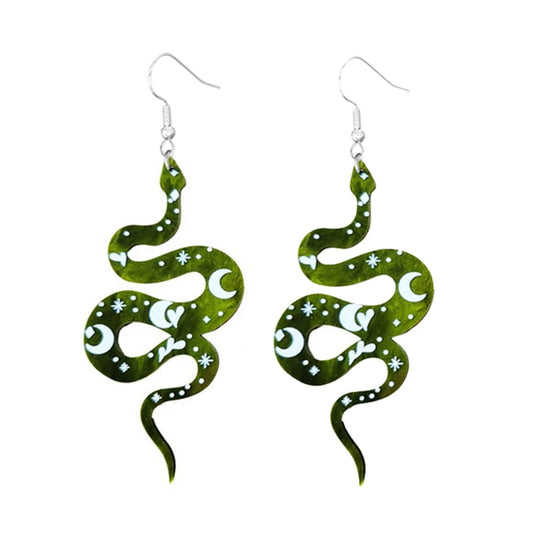 EtherealBe Halloween earrings for women featuring a stylish green snake design with celestial motifs