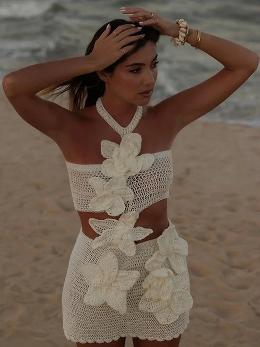 Chic 3D Floral Knitted Halter Beach Dress Women's Sexy Hollow Out Sleeveless Backless Mini Dress 2024 New Holiday Lady Vestidos
