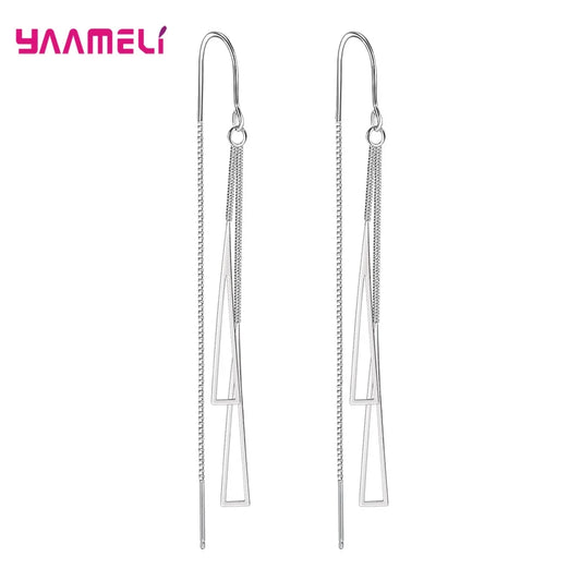 925 Sterling Silver Color Earrings Fashion Jewelry Geometric Tassel Long Box Chain Thread Pendientes Ear Decoration Ornaments