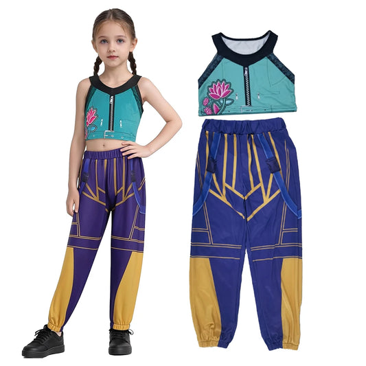 Zoey Rumi kids costume teal crop top with lotus print and purple gold jogger pants shown on girl and flat lay