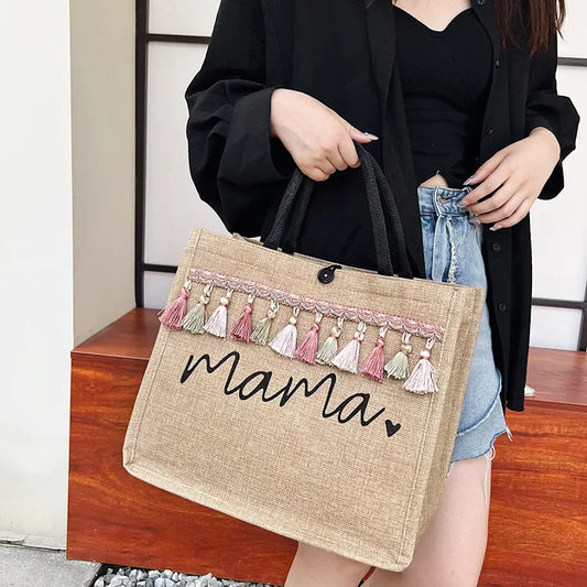 Women Tote Bag Mama Letter Printing Casual Fashion Linen Handbag Large Capacity Shopping Shoulder Bag Mother’s Day Gifts for Mom