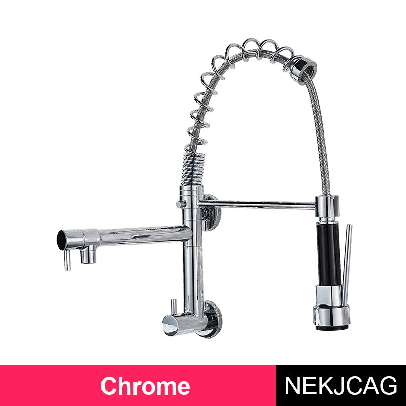 Wall Mounted Spring Kitchen Faucet Chrome Black Pull Down Sink Faucets Single Cold Water Dual Spouts Mixer 360 Rotation Crane