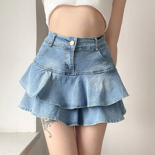Y2k Skirt Women Ruffles Double Layer High Waisted Light Blue Denim Skirt JK Uniforms Irregular Curved Streetwear Korean Skirt