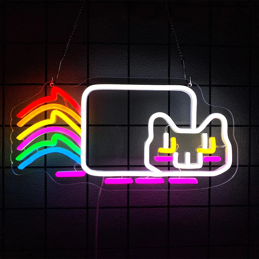 Cool Cat with Glasses Neon Sign for Wall Decor, Moon Cat USB LED Neon Light Sign for Preppy Room Birthday Party Decoration