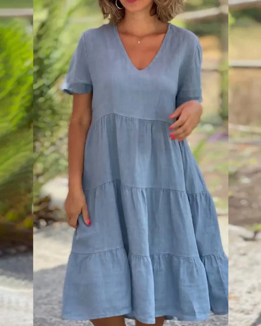 Cotton And Linen Casual Women's Dresses 2023 Spring/Summer Sweet Short Sleeve Solid V-neck Large Swing Loose Dress S-5XL