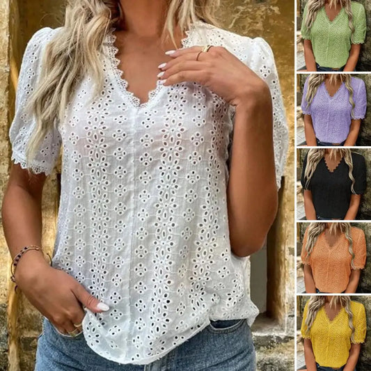 Elegant Women's Casual White Lace Shirt Blouses Office Summer Ruffles Short Sleeve Shirts For Women Hollow Out Simple Top Female