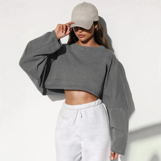 Autumn Winter Women's No Hat Hoodies Fashion O-neck Loose Long Sleeve Pullove Casual Workout Jogger Female Sexy Crop Sweatshirt