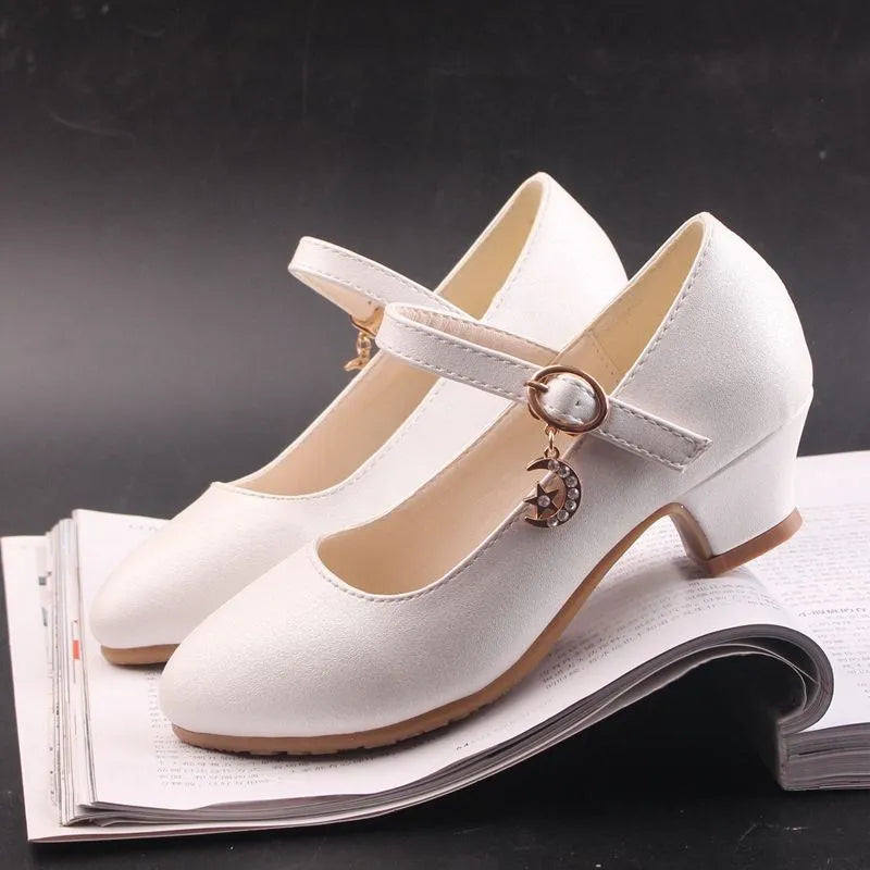 Children Girls Leather Shoes White Princess High Heel Shoes For Kids Girls Performance Dress Student Show Dance Sandals 26-41