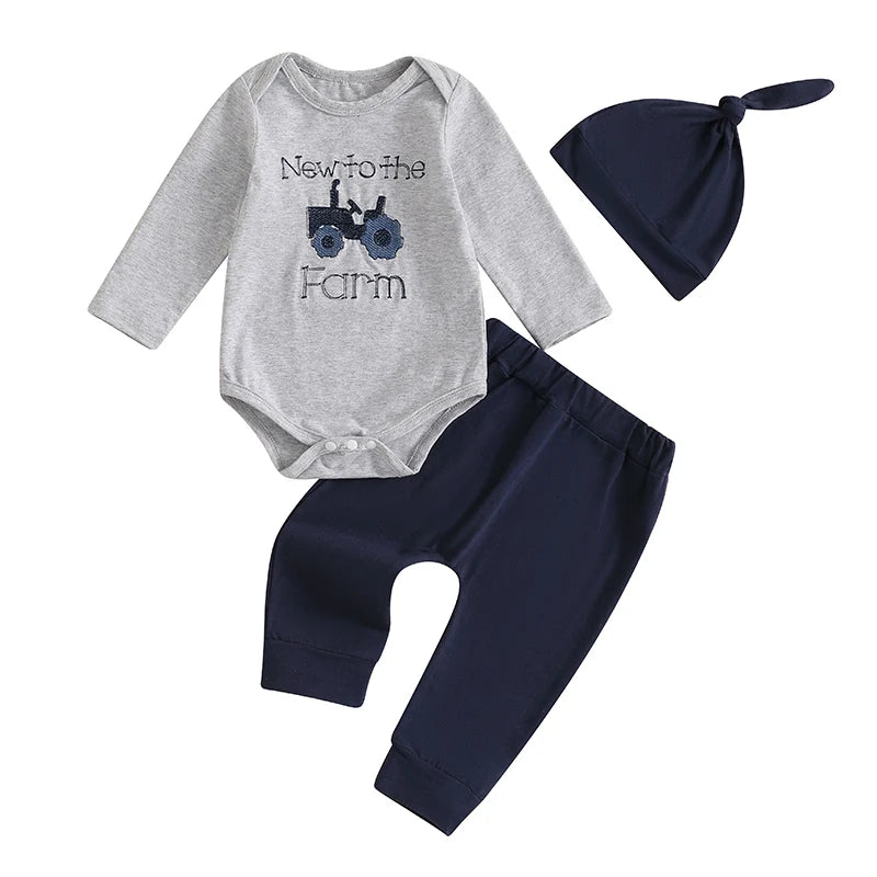 Adorable Toddler Boys Spring Ensemble with Cute Tractor Design Including Romper Pants and Hat - 3-Piece Set