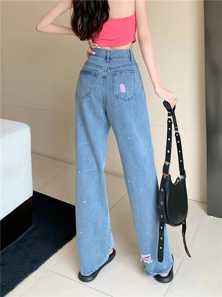 Jeans Women Ripped Niche Design 2025 Summer New High-waisted Slimming Loose Casual Straight Wide-leg Pants