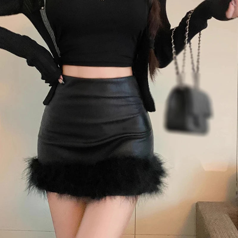 Women Sexy Bodycon Short Skirt Fur Mini Skirt Black High Waist Slim Fit Skinny Matte Faux Leather Skirts Female Streetwear
