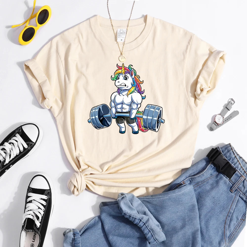 Funny Gym Unicorn Fitness Cute Prints Women T-shirt Summer Casual Short Sleeve Street Loose Breathable Tee Clothes