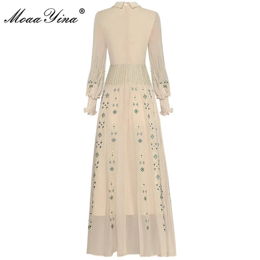 MoaaYina Fashion Designer Spring dress Women's Dress Turn-down Collar Lantern Long Sleeve Flower Embroidery Dresses