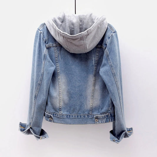 Winter Jacket Women’s Hooded Faux Denim Coats Long Sleeves Detachable Hat Thick Plush Lined Warm Jean Coats Stylish Ladies Coats