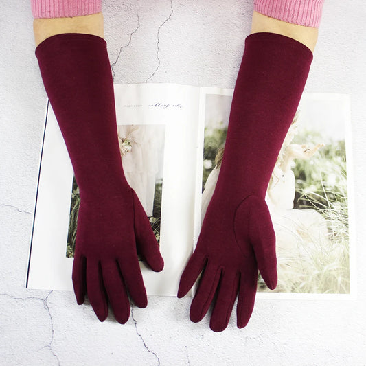 Cotton Long Gloves for Women's Stretch Autumn and Winter Warmth 38cm Windproof and Sun Resistant Knitted Sleeves