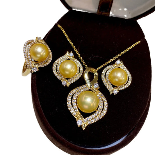 one Set freshwater pearl yellow pendant necklace earring Ring FOR WOMAN FAHSION